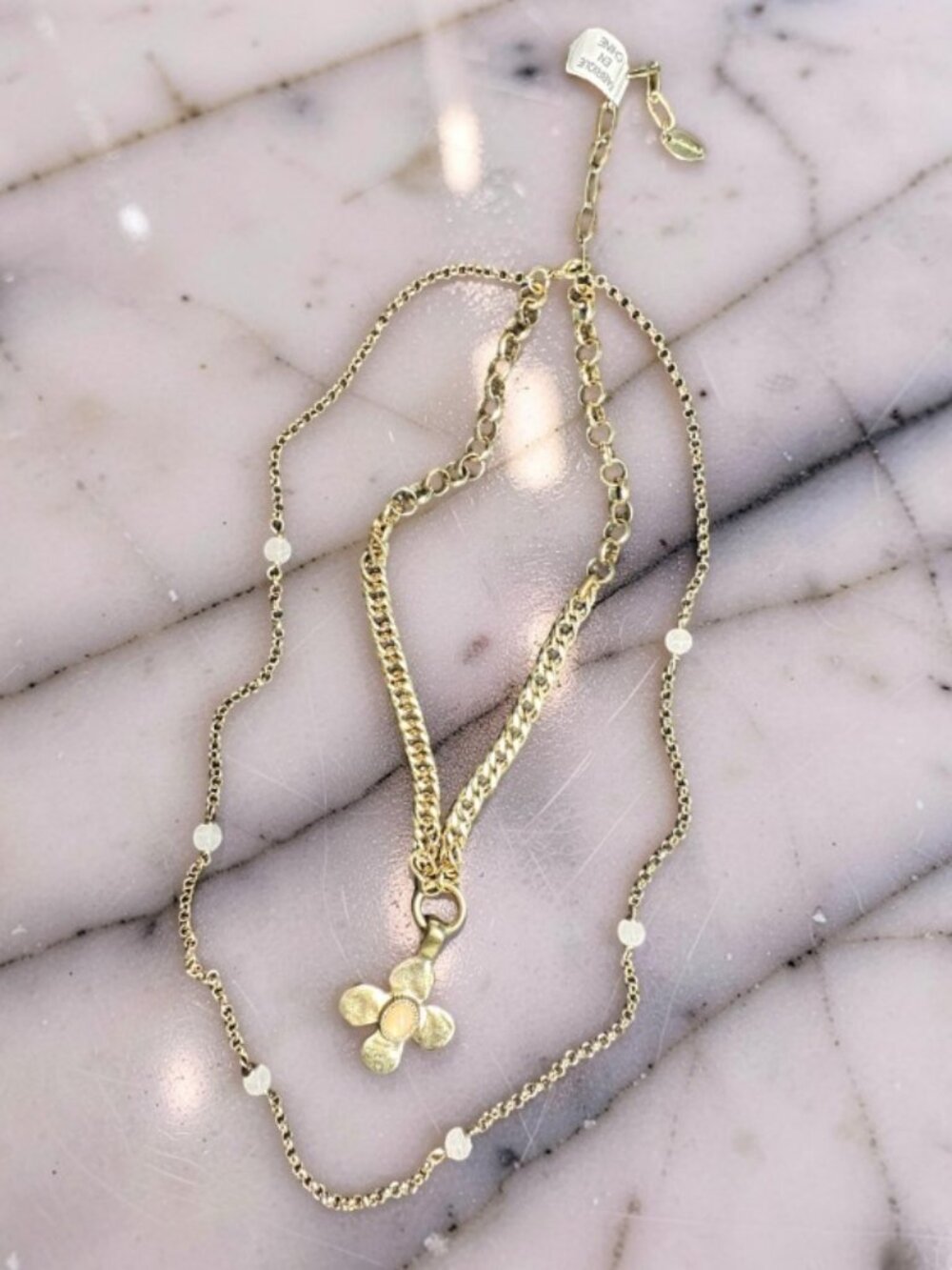 FREE PEOPLE Gold Tone 2-Tier Layered Pink Gemstone Flower Necklace NWT
